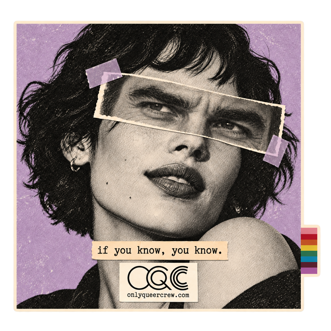 Only Queer Crew lavender collage sticker with rainbow tab